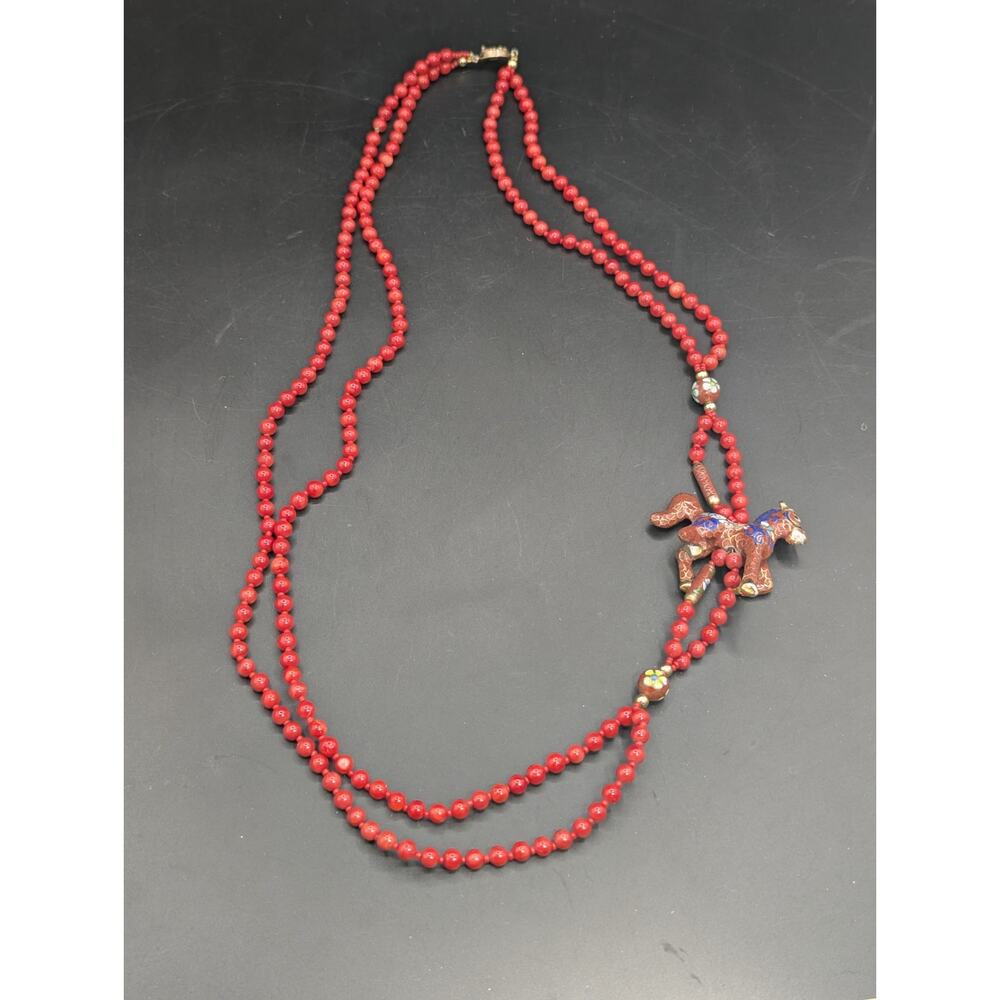 Vintage Rare Two Strands Red Jasper Cloisonné Horse Equestrian Silver Necklace